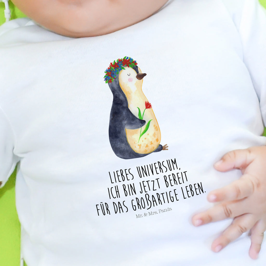 Baby T-Shirt Pinguin Blumenkranz Pinguin, Pinguine, Blumenkranz, Universum, Leben, Wünsche, Ziele, Lebensziele, Motivation, Lebenslust, Liebeskummer, Geschenkidee	 Mädchen,Jungen,Unisex,Motiv,Baby T-Shirt,Kurzarm  Pinguin