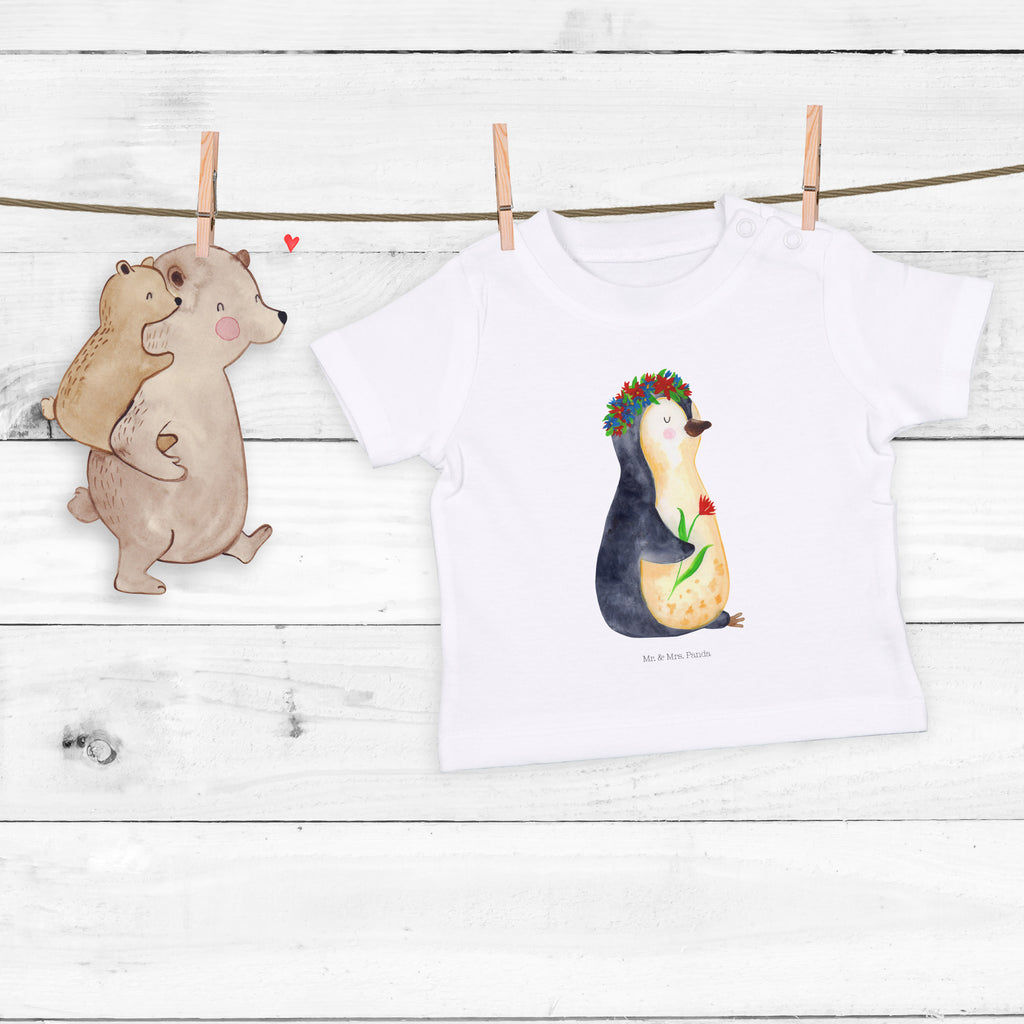 Baby T-Shirt Pinguin Blumenkranz Pinguin, Pinguine, Blumenkranz, Universum, Leben, Wünsche, Ziele, Lebensziele, Motivation, Lebenslust, Liebeskummer, Geschenkidee	 Mädchen,Jungen,Unisex,Motiv,Baby T-Shirt,Kurzarm  Pinguin