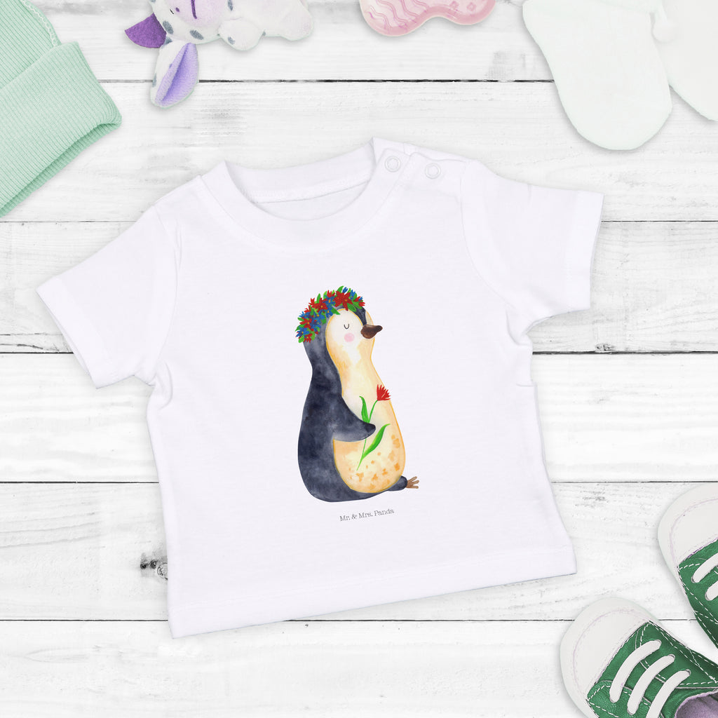 Baby T-Shirt Pinguin Blumenkranz Pinguin, Pinguine, Blumenkranz, Universum, Leben, Wünsche, Ziele, Lebensziele, Motivation, Lebenslust, Liebeskummer, Geschenkidee	 Mädchen,Jungen,Unisex,Motiv,Baby T-Shirt,Kurzarm  Pinguin