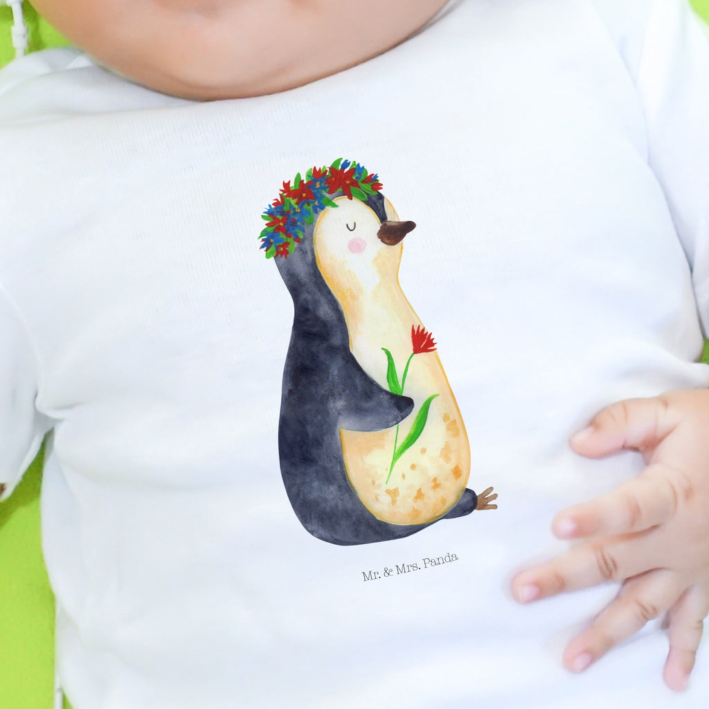 Baby T-Shirt Pinguin Blumenkranz Pinguin, Pinguine, Blumenkranz, Universum, Leben, Wünsche, Ziele, Lebensziele, Motivation, Lebenslust, Liebeskummer, Geschenkidee	 Mädchen,Jungen,Unisex,Motiv,Baby T-Shirt,Kurzarm  Pinguin