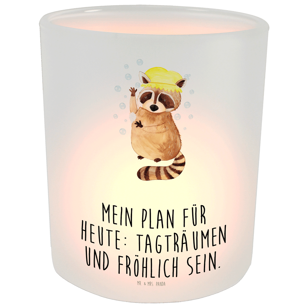 Windlicht Waschbär Windlicht Glas, Teelichtglas, Teelichthalter, Teelichter, Kerzenglas, Windlicht Kerze, Kerzenlicht, Tiermotive, Gute Laune, lustige Sprüche, Tiere, Waschbär, Tagträumen, Plan, Fröhlich, waschen, Seifenblasen