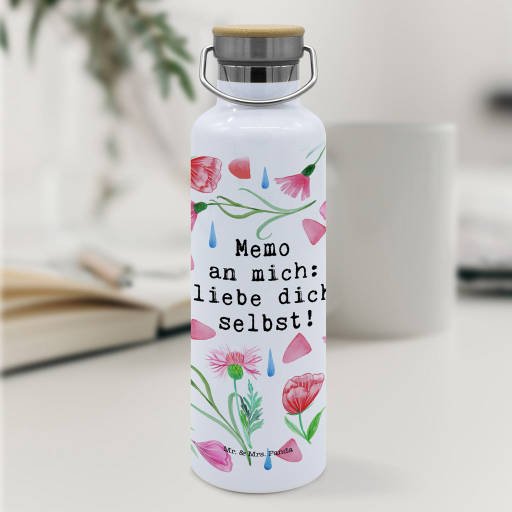 Trinkflasche Memo an Mich Liebe dich selbst Thermosflasche, Isolierflasche, Edelstahl, Trinkflasche, 0, 75 l, isoliert, Wamrhaltefunktion, Sportflasch, Flasche zum Sport, Sportlerflasche, Blumen Deko, Frühlings Deko, Sommer Deko, Dekoration, positive Botschaft, Naturliebhaber, Outdoor, Natur, Abenteuer