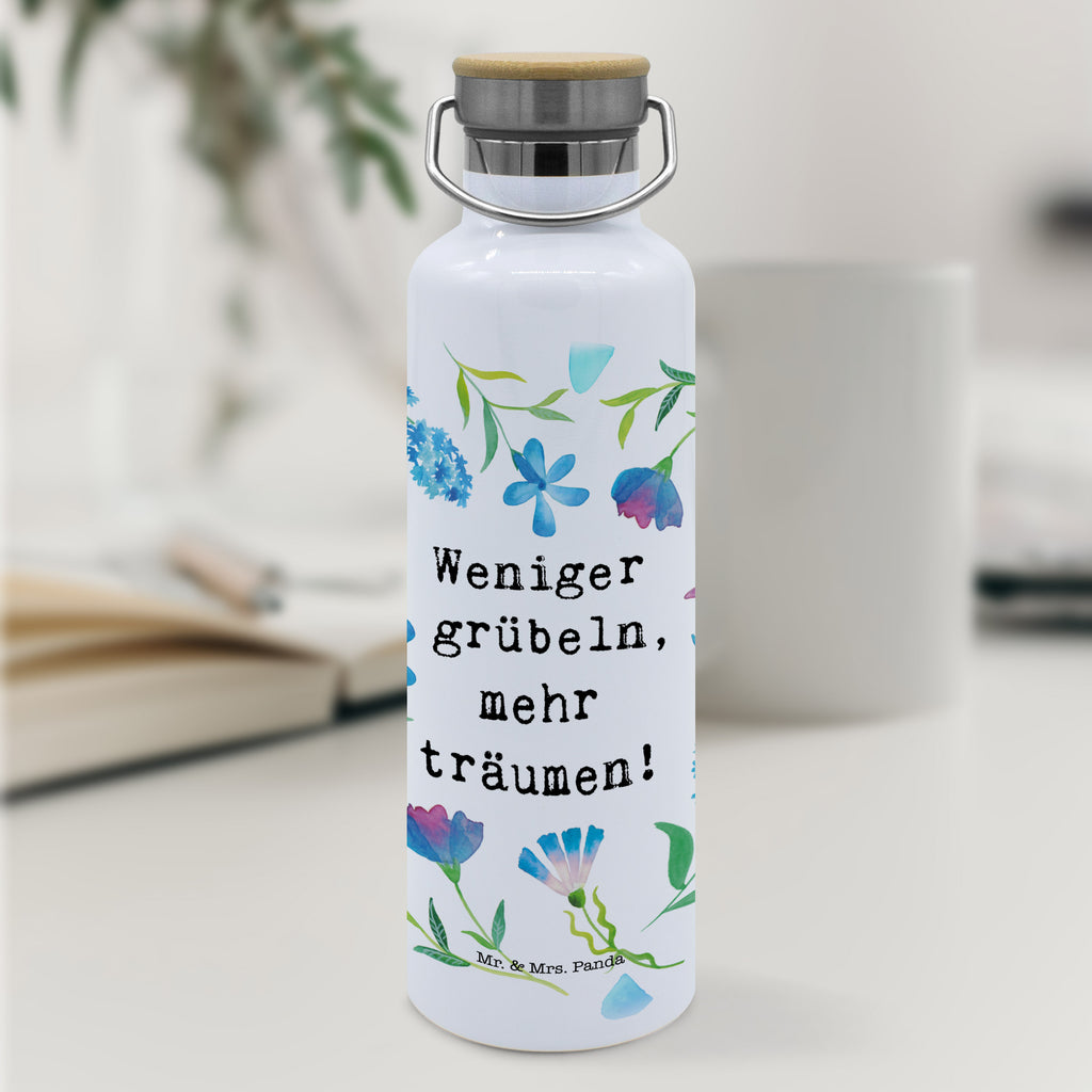 Trinkflasche Weniger grübeln Thermosflasche, Isolierflasche, Edelstahl, Trinkflasche, 0, 75 l, isoliert, Wamrhaltefunktion, Sportflasch, Flasche zum Sport, Sportlerflasche, Blumen Deko, Frühlings Deko, Sommer Deko, Dekoration, positive Botschaft, Naturliebhaber, Outdoor, Natur, Abenteuer