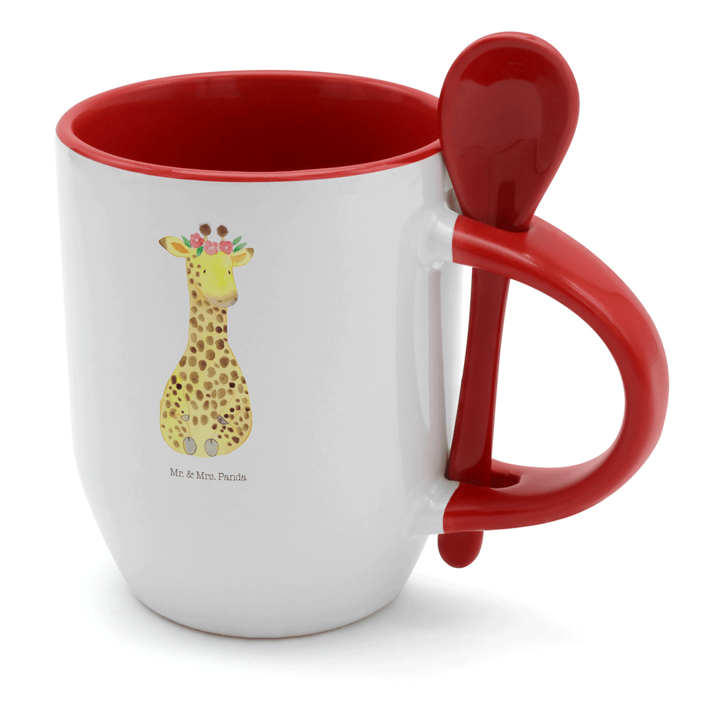 Tasse mit Löffel Giraffe Blumenkranz Tasse, Kaffeetasse, Tassen, Tasse mit Spruch, Kaffeebecher, Tasse mit Löffel, Afrika, Wildtiere, Giraffe, Blumenkranz, Abenteurer, Selbstliebe, Freundin