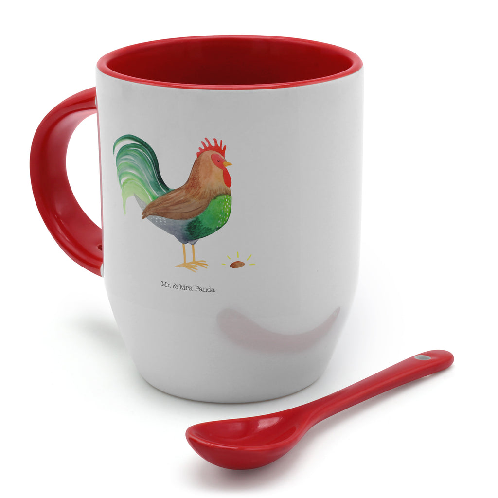 Tasse mit Löffel Hahn mit Korn Tasse, Kaffeetasse, Tassen, Tasse mit Spruch, Kaffeebecher, Tasse mit Löffel, Bauernhof, Hoftiere, Landwirt, Landwirtin, Hahn, Korn, Henne, Eier, Natur