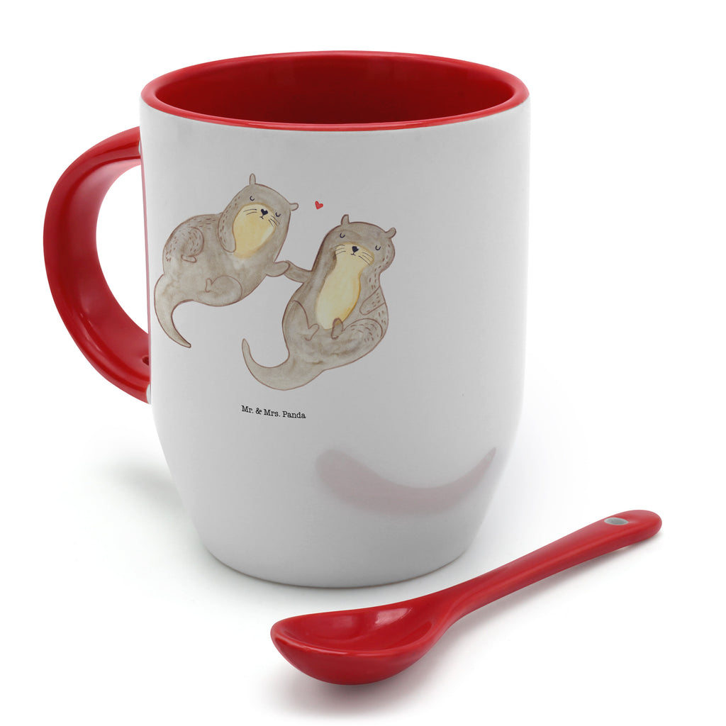 Tasse mit Löffel Otter händchenhaltend Tasse, Kaffeetasse, Tassen, Tasse mit Spruch, Kaffeebecher, Tasse mit Löffel, Otter, Fischotter, Seeotter, Otter Seeotter See Otter