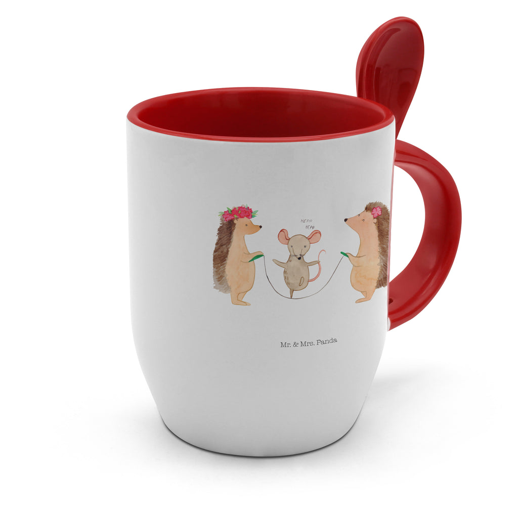 Tasse mit Löffel Igel Seilhüpfen Tasse, Kaffeetasse, Tassen, Tasse mit Spruch, Kaffeebecher, Tasse mit Löffel, Tiermotive, Gute Laune, lustige Sprüche, Tiere, Igel, Maus, Seilspringen, Seilhüpfen, Kinder, Kindergarten
