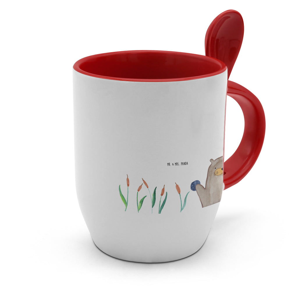 Tasse mit Löffel Otter mit Stein Tasse, Kaffeetasse, Tassen, Tasse mit Spruch, Kaffeebecher, Tasse mit Löffel, Otter, Fischotter, Seeotter, Otter Seeotter See Otter
