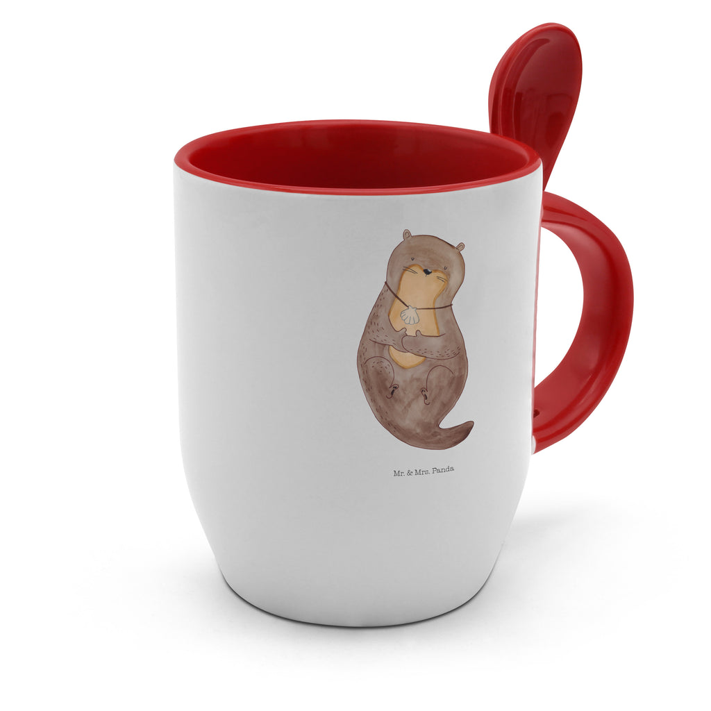 Tasse mit Löffel Otter mit Muschelmedaillon Tasse, Kaffeetasse, Tassen, Tasse mit Spruch, Kaffeebecher, Tasse mit Löffel, Otter, Fischotter, Seeotter, Otterliebe, grübeln, träumen, Motivation, Tagträumen, Büro