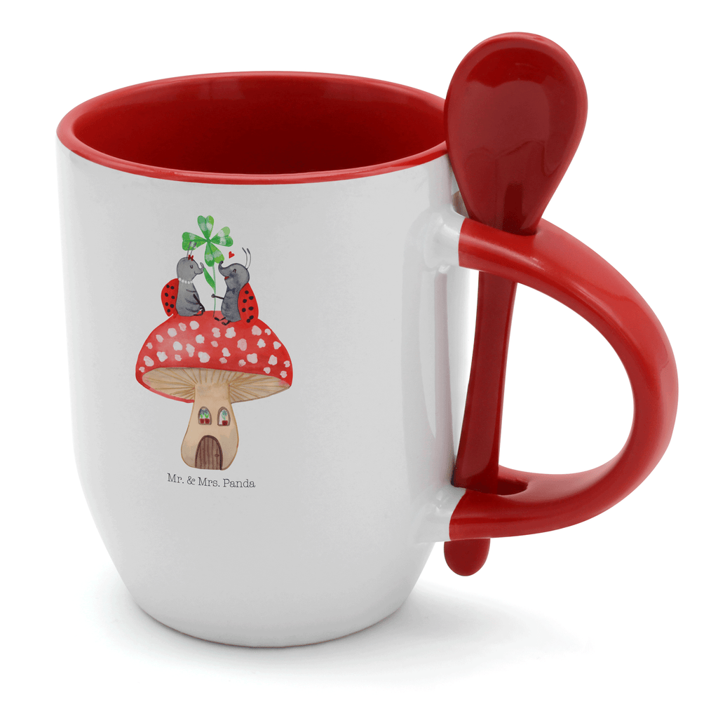 Tasse mit Löffel Marienkäfer Paar Fliegenpilz Tasse, Kaffeetasse, Tassen, Tasse mit Spruch, Kaffeebecher, Tasse mit Löffel, Tiermotive, Gute Laune, lustige Sprüche, Tiere, Haus, Wohnung, zuhause, Fliegenpilz, Marienkäfer, Fleigenpilzhaus