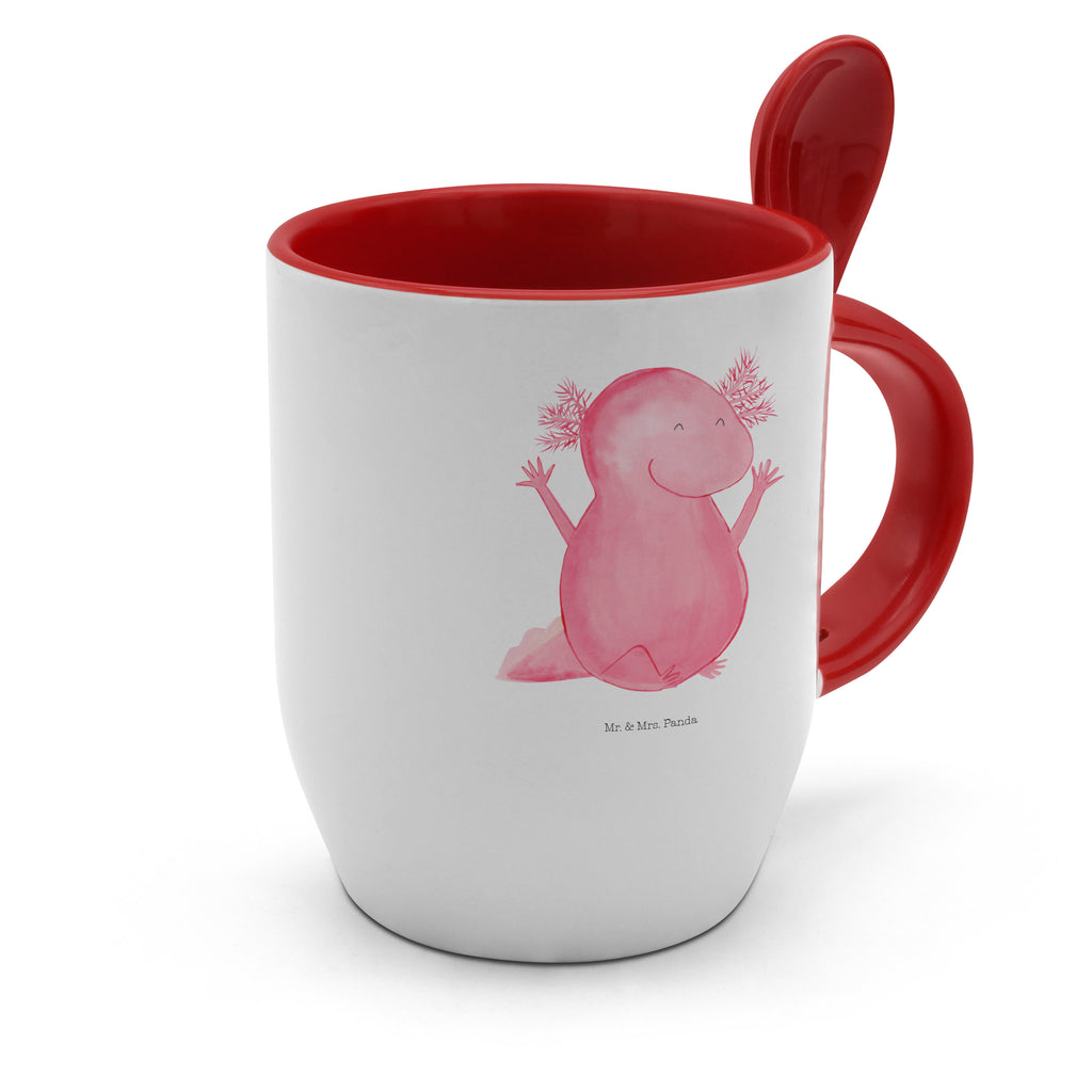 Tasse mit Löffel Axolotl Hurra Tasse, Kaffeetasse, Tassen, Tasse mit Spruch, Kaffeebecher, Tasse mit Löffel, Axolotl, Molch, Axolot, Schwanzlurch, Lurch, Lurche, fröhlich, Spaß, Freude, Motivation, Zufriedenheit