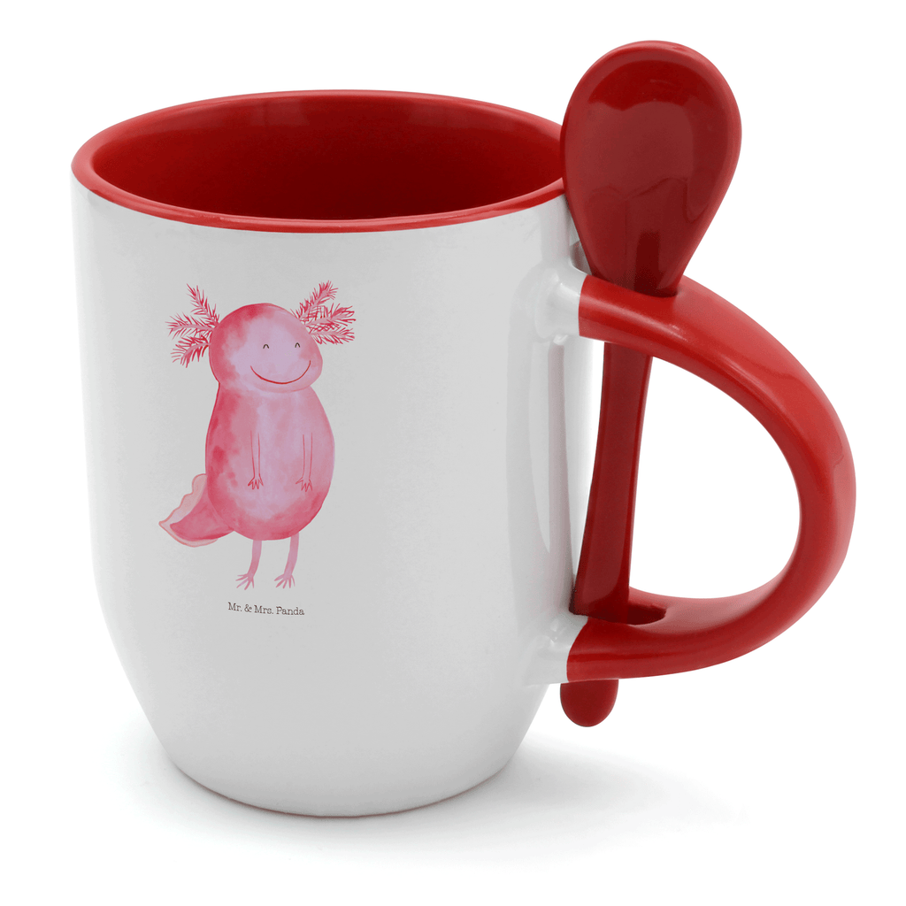 Tasse mit Löffel Axolotl glücklich Tasse, Kaffeetasse, Tassen, Tasse mit Spruch, Kaffeebecher, Tasse mit Löffel, Axolotl, Molch, Axolot, Schwanzlurch, Lurch, Lurche, Motivation, gute Laune