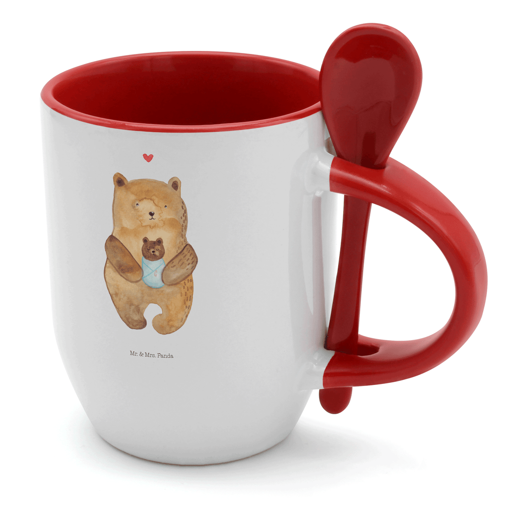 Tasse mit Löffel Bär mit Baby Tasse, Kaffeetasse, Tassen, Tasse mit Spruch, Kaffeebecher, Tasse mit Löffel, Bär, Teddy, Teddybär, Eltern, Mutter, Baby, Taufe, Geburt, Nichte, Neffe, Enkel, Enkelin, Täufling, Geburtstag, Glückwunsch