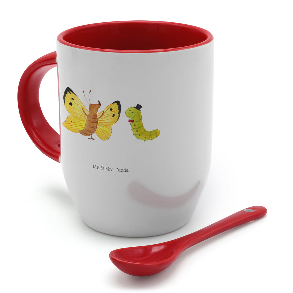 Tasse mit Löffel Raupe & Schmetterling Tasse, Kaffeetasse, Tassen, Tasse mit Spruch, Kaffeebecher, Tasse mit Löffel, Tiermotive, Gute Laune, lustige Sprüche, Tiere, Raupe, Schmetterling, Zitronenfalter, Entwicklung, Erwachsen werden, Kokon, Hut, Hütchen, Schönheit, Aufwachsen