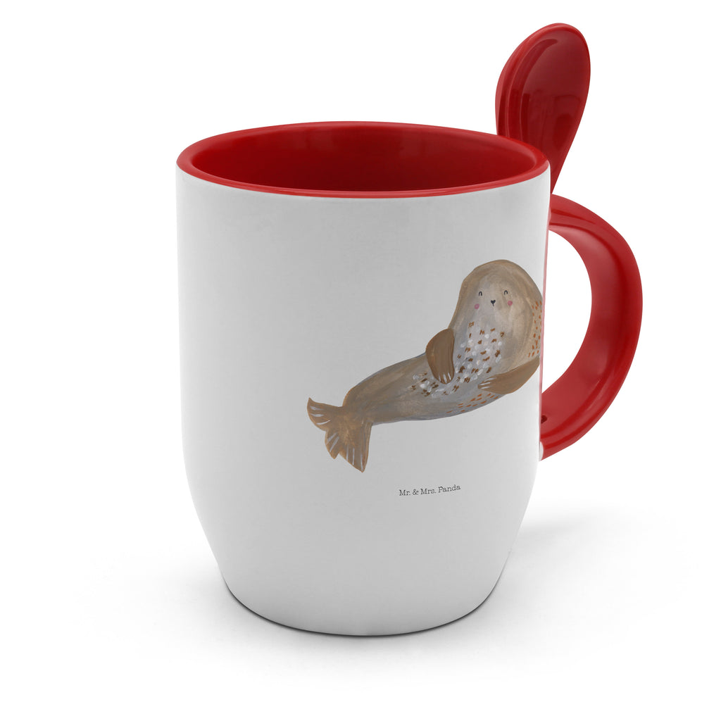 Tasse mit Löffel Robbe lachend Tasse, Kaffeetasse, Tassen, Tasse mit Spruch, Kaffeebecher, Tasse mit Löffel, Tiermotive, Gute Laune, lustige Sprüche, Tiere, Robbe, Robben, Seehund, Strand, Meerestier, Ostsee, Nordsee