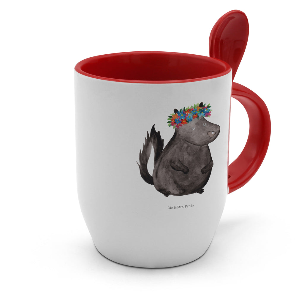 Tasse mit Löffel Stinktier Blumenmaedchen Tasse, Kaffeetasse, Tassen, Tasse mit Spruch, Kaffeebecher, Tasse mit Löffel, Stinktier, Skunk, Wildtier, Raubtier, Stinker, Stinki, Yoga, Namaste, Lebe, Liebe, Lache