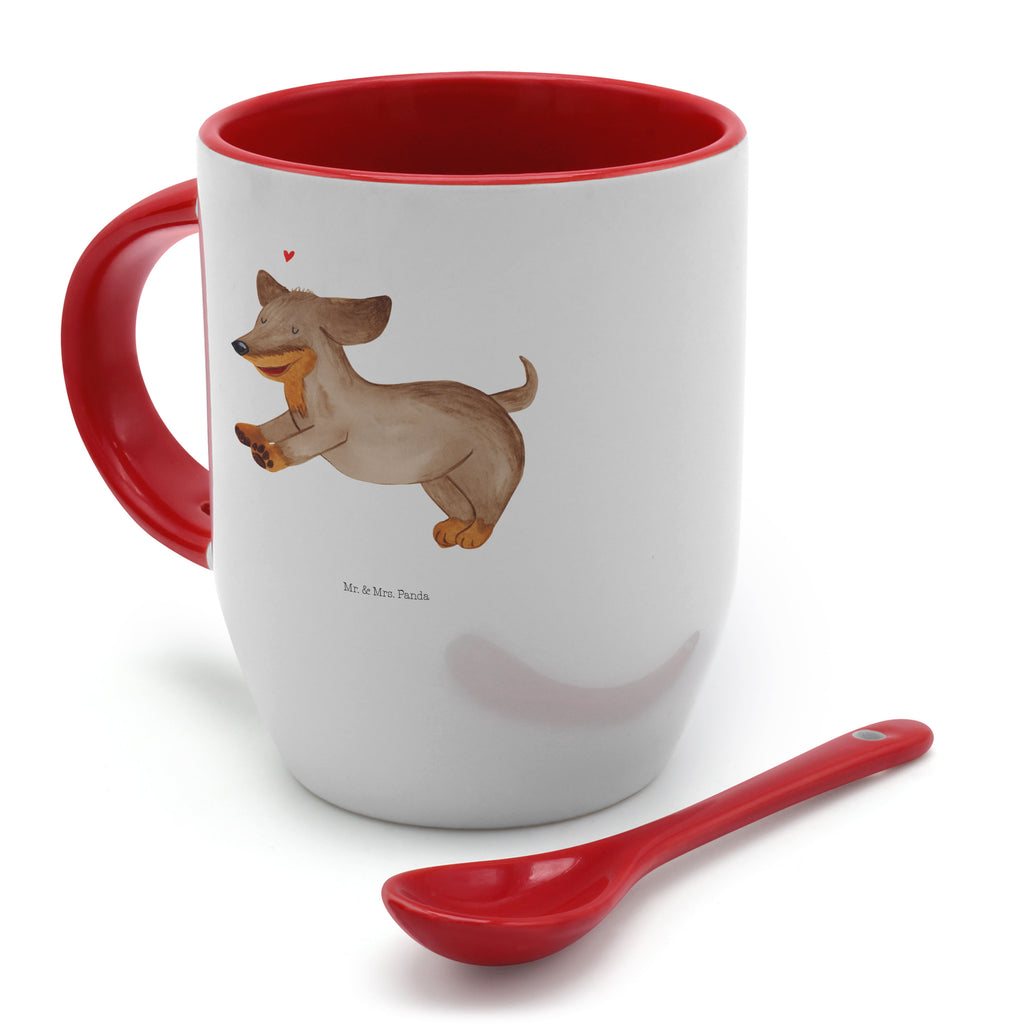 Tasse mit Löffel Hund Dackel fröhlich Tasse, Kaffeetasse, Tassen, Tasse mit Spruch, Kaffeebecher, Tasse mit Löffel, Hund, Hundemotiv, Haustier, Hunderasse, Tierliebhaber, Hundebesitzer, Sprüche, Hunde, Dackel, Dachshund, happy dog
