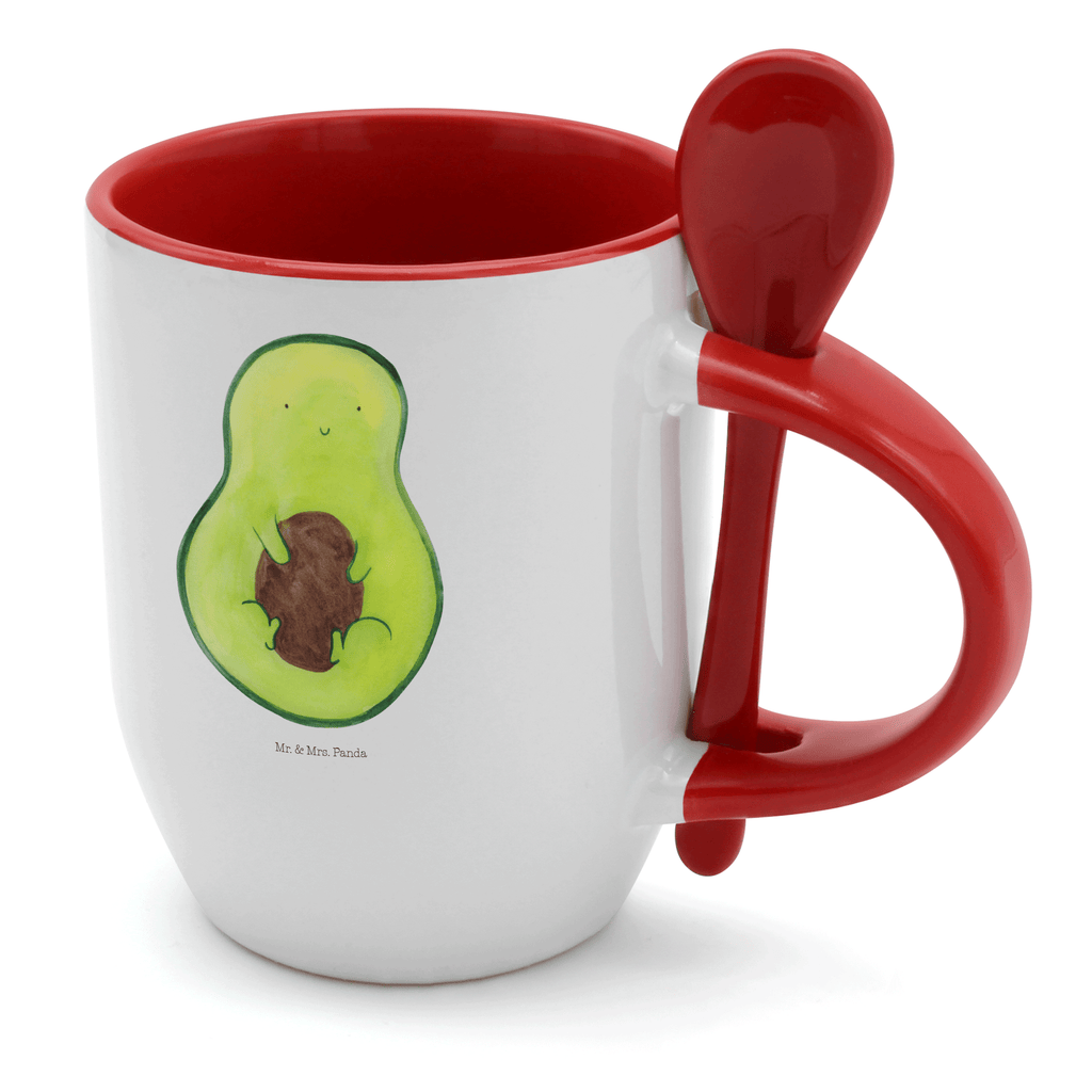 Tasse mit Löffel Avocado mit Kern Tasse, Kaffeetasse, Tassen, Tasse mit Spruch, Kaffeebecher, Tasse mit Löffel, Avocado, Veggie, Vegan, Gesund, Avokado, Avocadokern, Kern, Pflanze, Spruch Leben