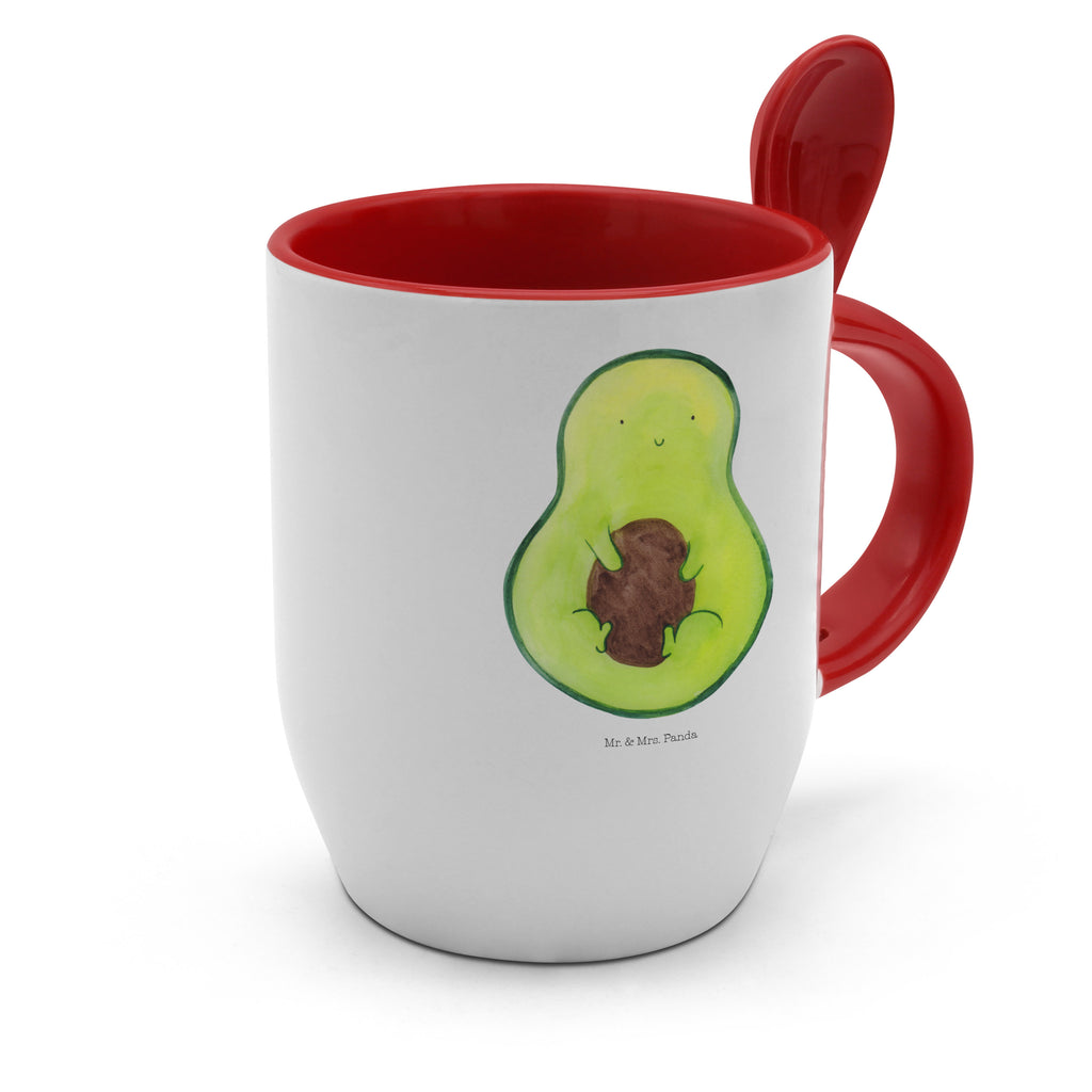 Tasse mit Löffel Avocado mit Kern Tasse, Kaffeetasse, Tassen, Tasse mit Spruch, Kaffeebecher, Tasse mit Löffel, Avocado, Veggie, Vegan, Gesund, Avokado, Avocadokern, Kern, Pflanze, Spruch Leben