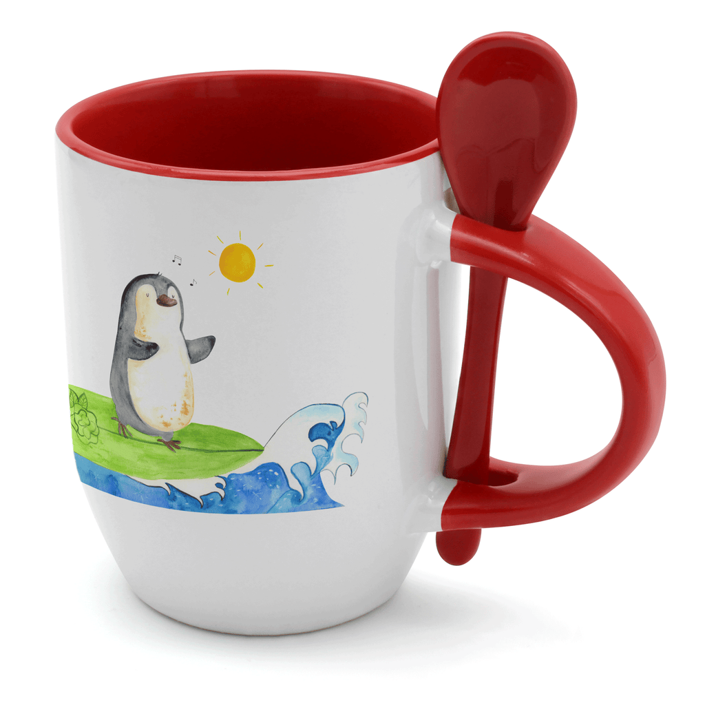 Tasse mit Löffel Pinguin Surfer Tasse, Kaffeetasse, Tassen, Tasse mit Spruch, Kaffeebecher, Tasse mit Löffel, Pinguin, Pinguine, surfen, Surfer, Hawaii, Urlaub, Wellen, Wellen reiten, Portugal