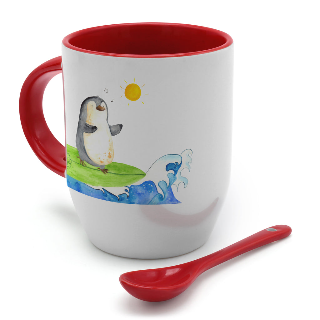 Tasse mit Löffel Pinguin Surfer Tasse, Kaffeetasse, Tassen, Tasse mit Spruch, Kaffeebecher, Tasse mit Löffel, Pinguin, Pinguine, surfen, Surfer, Hawaii, Urlaub, Wellen, Wellen reiten, Portugal