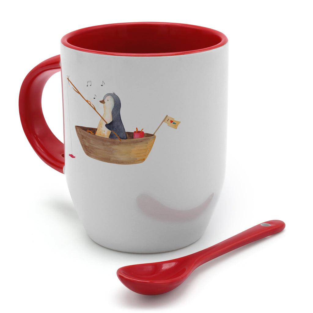 Tasse mit Löffel Pinguin Angelboot Tasse, Kaffeetasse, Tassen, Tasse mit Spruch, Kaffeebecher, Tasse mit Löffel, Pinguin, Pinguine, Angeln, Boot, Angelboot, Lebenslust, Leben, genießen, Motivation, Neustart, Neuanfang, Trennung, Scheidung, Geschenkidee Liebeskummer
