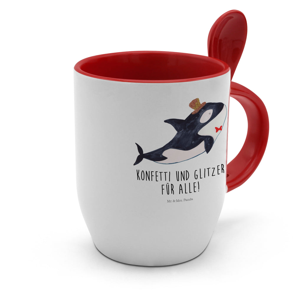 Tasse mit Löffel Orca Zylinder Tasse, Kaffeetasse, Tassen, Tasse mit Spruch, Kaffeebecher, Tasse mit Löffel, Meerestiere, Meer, Urlaub, Narwal, Glitter, Konfetti, Glitzer, Geburtstag, Feier, Fete, Fest, Glückwunsch, Orca