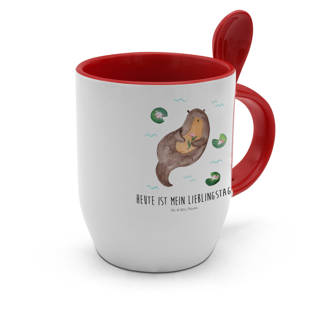 Tasse mit Löffel Otter mit Seerose Tasse, Kaffeetasse, Tassen, Tasse mit Spruch, Kaffeebecher, Tasse mit Löffel, Otter, Fischotter, Seeotter, Otter Seeotter See Otter
