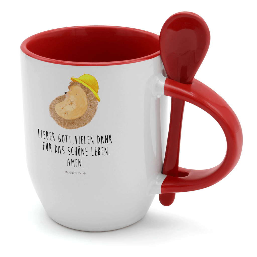 Tasse mit Löffel Igel betet Tasse, Kaffeetasse, Tassen, Tasse mit Spruch, Kaffeebecher, Tasse mit Löffel, Tiermotive, Gute Laune, lustige Sprüche, Tiere, Igel, Igel mit Hut, Sonnenhut, Gott, Amen, beten, Leben, Dankbarkeit, Dankbar sein, dankbar, genießen
