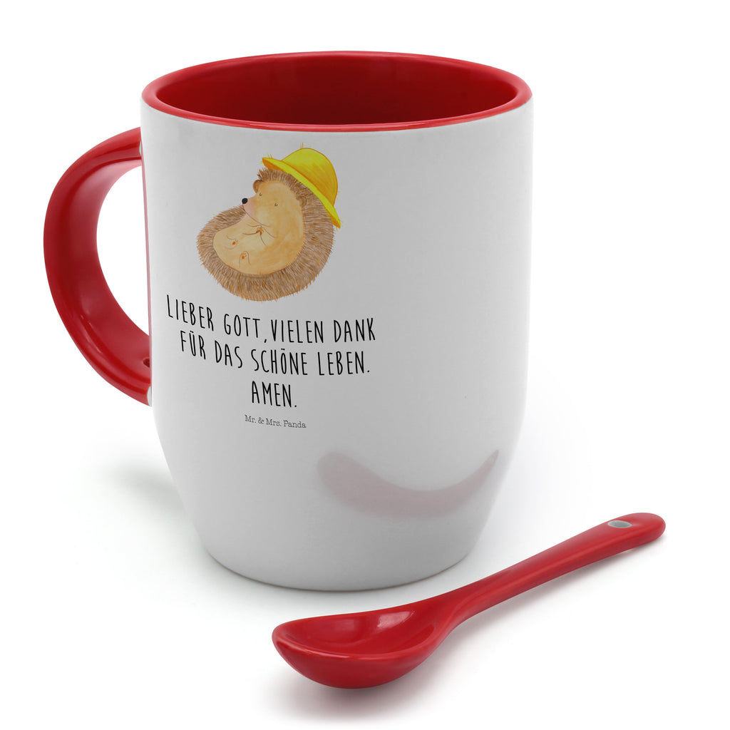 Tasse mit Löffel Igel betet Tasse, Kaffeetasse, Tassen, Tasse mit Spruch, Kaffeebecher, Tasse mit Löffel, Tiermotive, Gute Laune, lustige Sprüche, Tiere, Igel, Igel mit Hut, Sonnenhut, Gott, Amen, beten, Leben, Dankbarkeit, Dankbar sein, dankbar, genießen