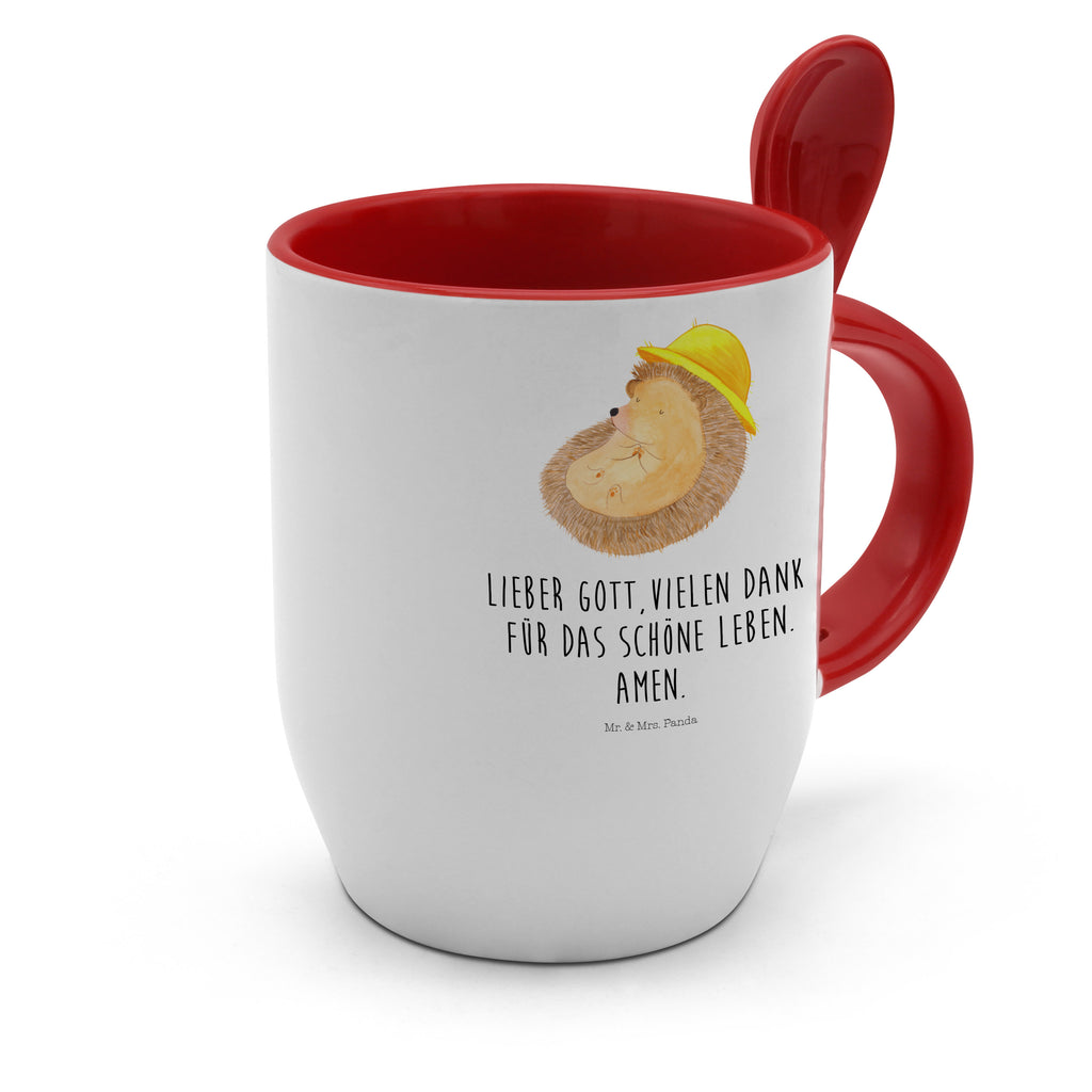 Tasse mit Löffel Igel betet Tasse, Kaffeetasse, Tassen, Tasse mit Spruch, Kaffeebecher, Tasse mit Löffel, Tiermotive, Gute Laune, lustige Sprüche, Tiere, Igel, Igel mit Hut, Sonnenhut, Gott, Amen, beten, Leben, Dankbarkeit, Dankbar sein, dankbar, genießen