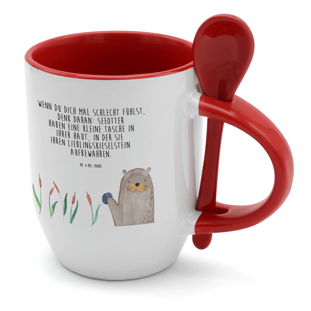 Tasse mit Löffel Otter mit Stein Tasse, Kaffeetasse, Tassen, Tasse mit Spruch, Kaffeebecher, Tasse mit Löffel, Otter, Fischotter, Seeotter, Otter Seeotter See Otter