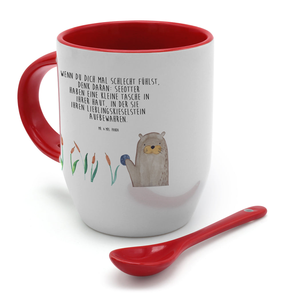 Tasse mit Löffel Otter mit Stein Tasse, Kaffeetasse, Tassen, Tasse mit Spruch, Kaffeebecher, Tasse mit Löffel, Otter, Fischotter, Seeotter, Otter Seeotter See Otter
