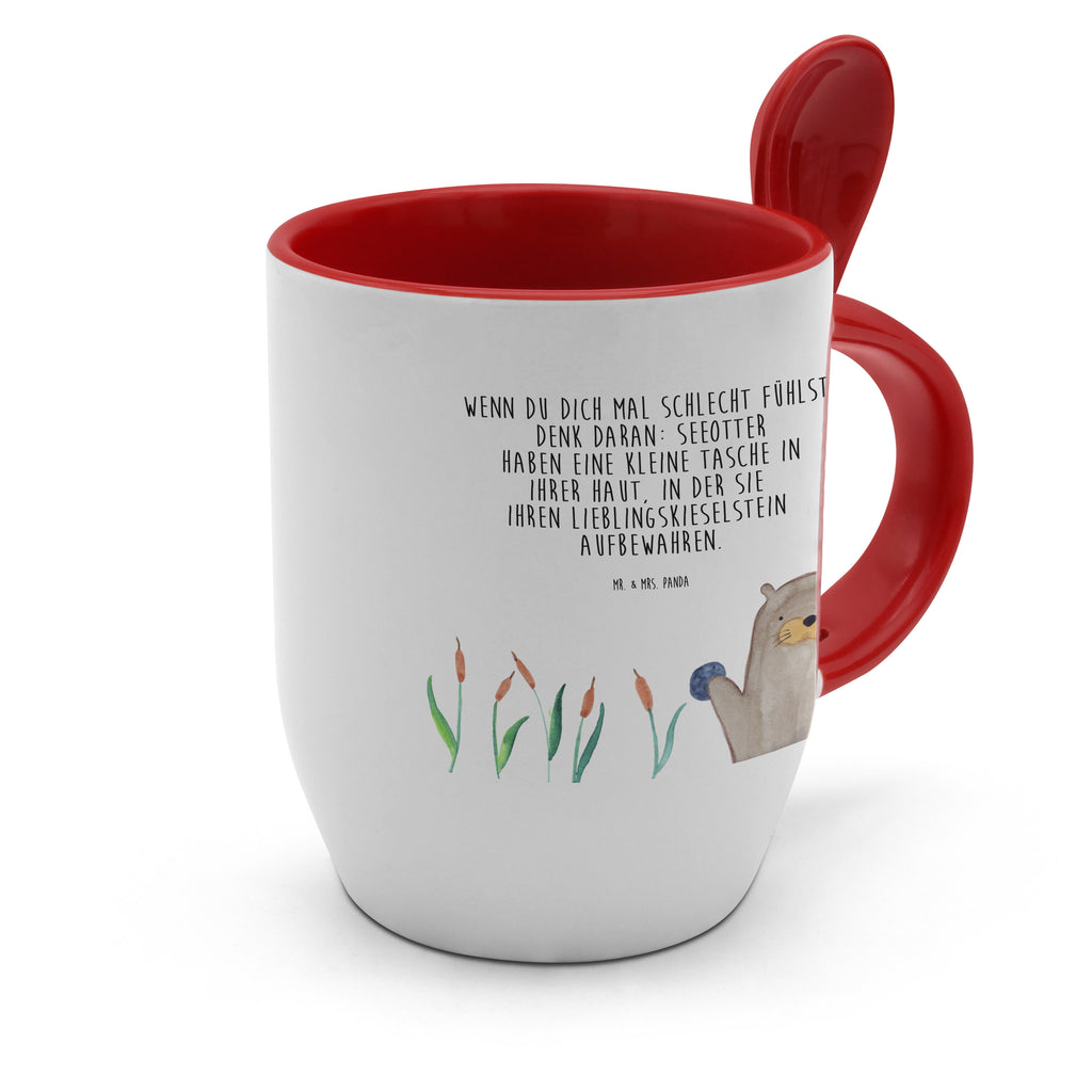 Tasse mit Löffel Otter mit Stein Tasse, Kaffeetasse, Tassen, Tasse mit Spruch, Kaffeebecher, Tasse mit Löffel, Otter, Fischotter, Seeotter, Otter Seeotter See Otter