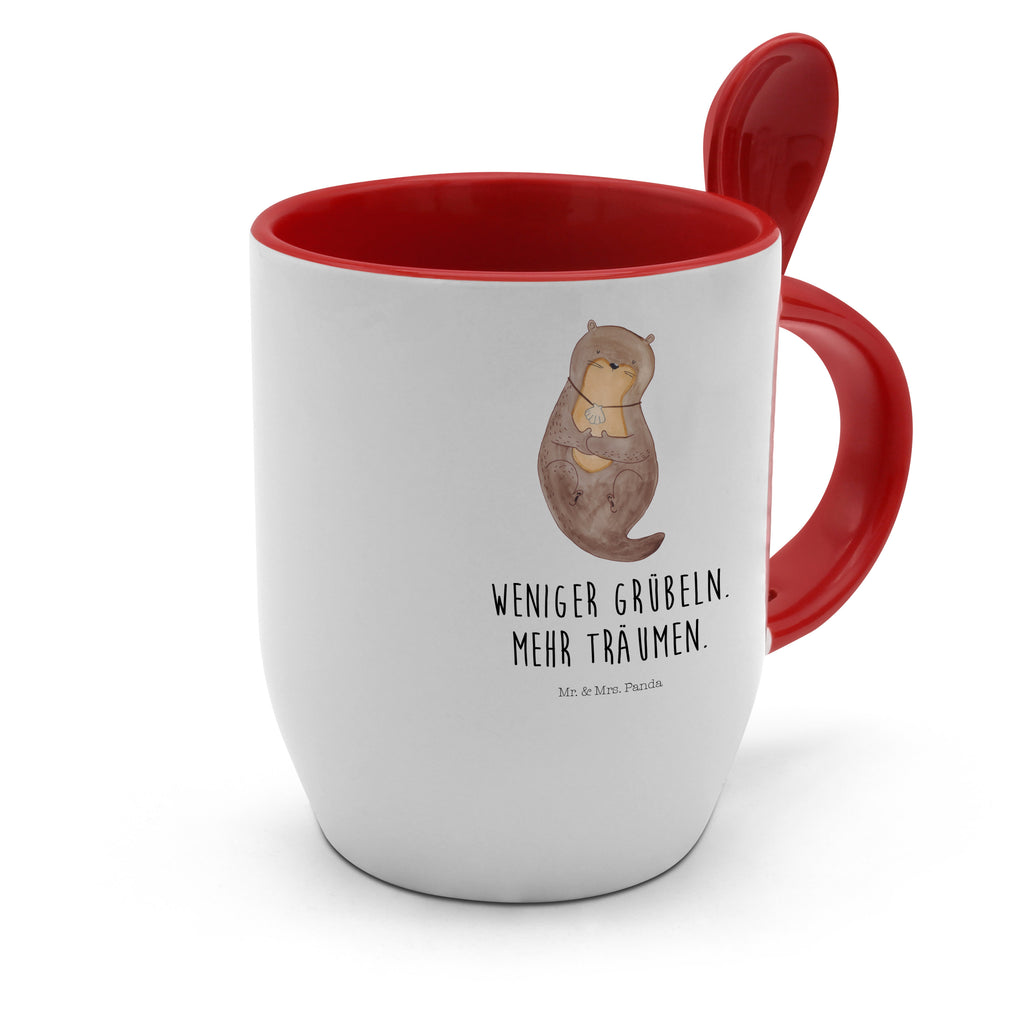 Tasse mit Löffel Otter mit Muschelmedaillon Tasse, Kaffeetasse, Tassen, Tasse mit Spruch, Kaffeebecher, Tasse mit Löffel, Otter, Fischotter, Seeotter, Otterliebe, grübeln, träumen, Motivation, Tagträumen, Büro
