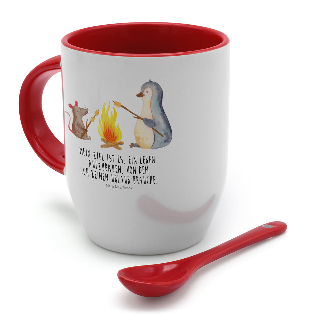 Tasse mit Löffel Pinguin Lagerfeuer Tasse, Kaffeetasse, Tassen, Tasse mit Spruch, Kaffeebecher, Tasse mit Löffel, Pinguin, Maus, Pinguine, Lagerfeuer, Leben, Arbeit, Job, Motivation, Büro, Büroalltag, Lebensspruch, Lebensmotivation, Neustart, Liebe, grillen, Feuer, Marshmallows