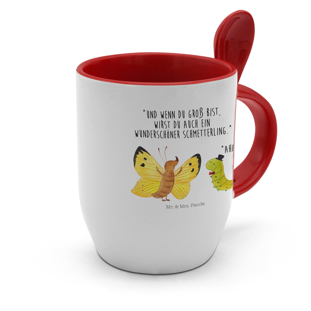 Tasse mit Löffel Raupe & Schmetterling Tasse, Kaffeetasse, Tassen, Tasse mit Spruch, Kaffeebecher, Tasse mit Löffel, Tiermotive, Gute Laune, lustige Sprüche, Tiere, Raupe, Schmetterling, Zitronenfalter, Entwicklung, Erwachsen werden, Kokon, Hut, Hütchen, Schönheit, Aufwachsen