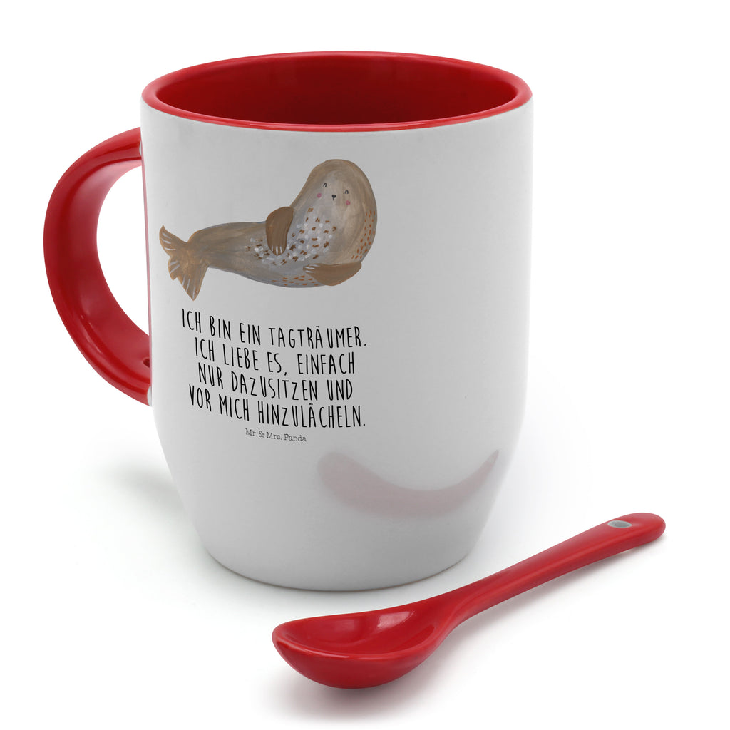 Tasse mit Löffel Robbe lachend Tasse, Kaffeetasse, Tassen, Tasse mit Spruch, Kaffeebecher, Tasse mit Löffel, Tiermotive, Gute Laune, lustige Sprüche, Tiere, Robbe, Robben, Seehund, Strand, Meerestier, Ostsee, Nordsee