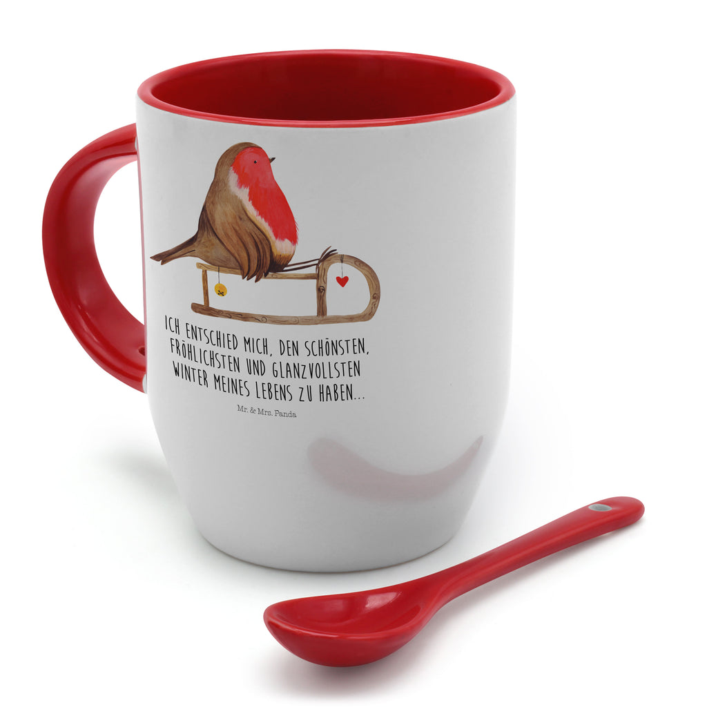 Tasse mit Löffel Rotkehlchen Schlitten Tasse, Kaffeetasse, Tassen, Tasse mit Spruch, Kaffeebecher, Tasse mit Löffel, Winter, Weihnachten, Weihnachtsdeko, Nikolaus, Advent, Heiligabend, Wintermotiv, Schlitten, Vogel