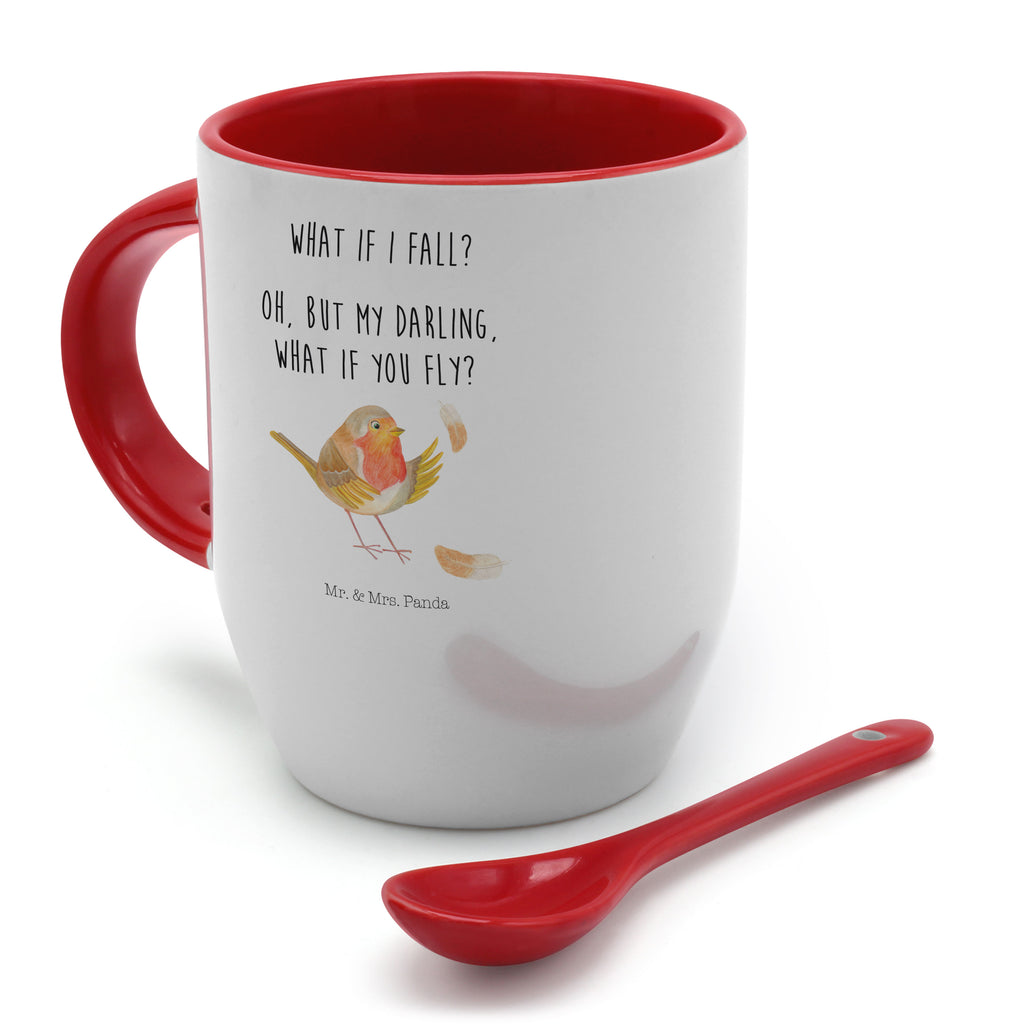 Tasse mit Löffel Rotkehlchen mit Federn Tasse, Kaffeetasse, Tassen, Tasse mit Spruch, Kaffeebecher, Tasse mit Löffel, Tiermotive, Gute Laune, lustige Sprüche, Tiere, What if i fall, Rotkehlchen, Spruch Motivation, Spruch Mut, Vogel, Motivation Sprüche, Motivationsbilder, fliegen