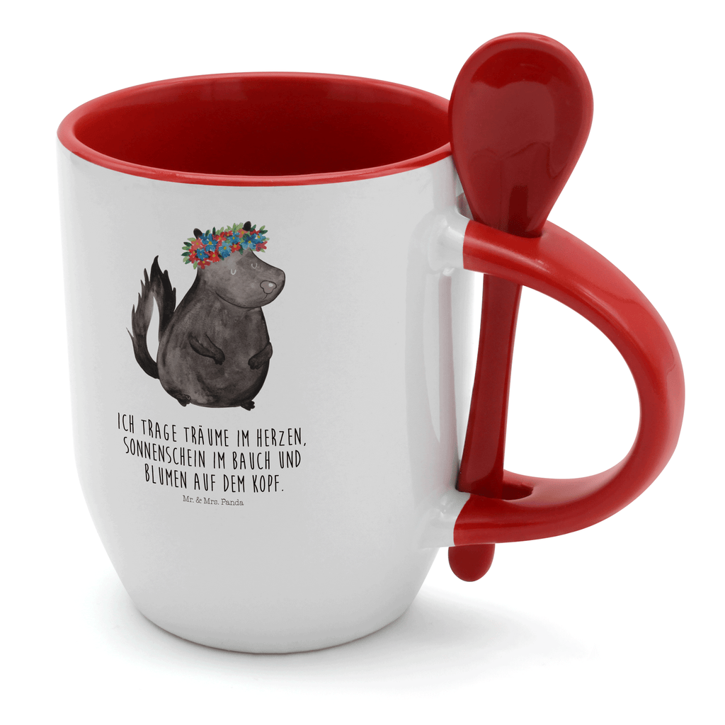 Tasse mit Löffel Stinktier Blumenmaedchen Tasse, Kaffeetasse, Tassen, Tasse mit Spruch, Kaffeebecher, Tasse mit Löffel, Stinktier, Skunk, Wildtier, Raubtier, Stinker, Stinki, Yoga, Namaste, Lebe, Liebe, Lache