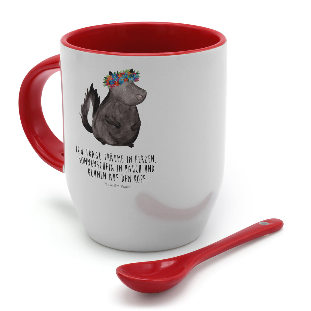 Tasse mit Löffel Stinktier Blumenmaedchen Tasse, Kaffeetasse, Tassen, Tasse mit Spruch, Kaffeebecher, Tasse mit Löffel, Stinktier, Skunk, Wildtier, Raubtier, Stinker, Stinki, Yoga, Namaste, Lebe, Liebe, Lache