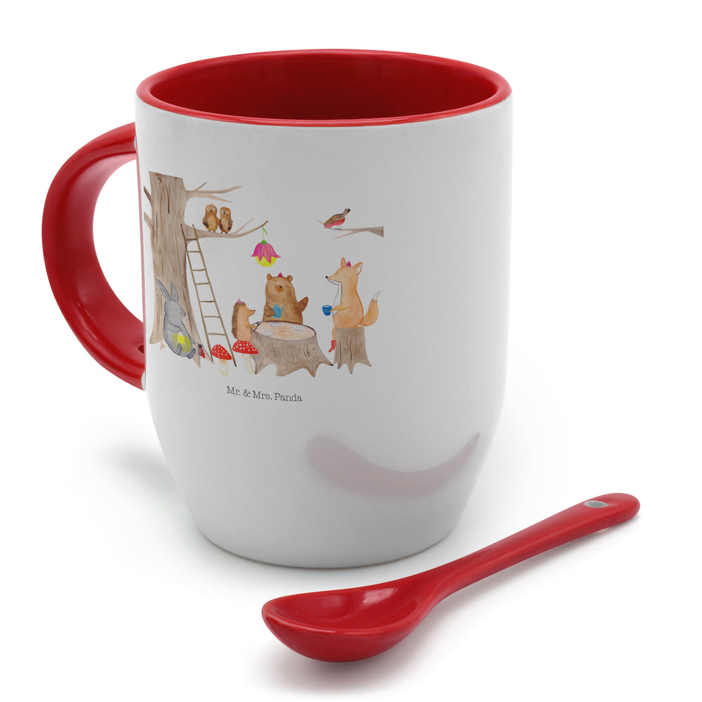 Tasse mit Löffel Waldtiere Picknick Tasse, Kaffeetasse, Tassen, Tasse mit Spruch, Kaffeebecher, Tasse mit Löffel, Tiermotive, Gute Laune, lustige Sprüche, Tiere, Waldtiere, Picknick, Wald, Fuchs, Hase, Igel, Maus, Eichhörnchen