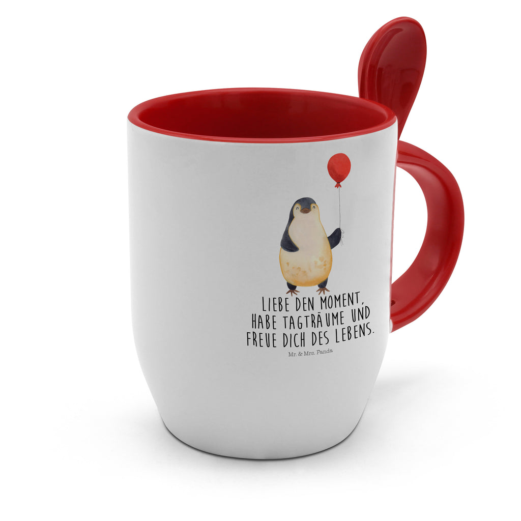 Tasse mit Löffel Pinguin Luftballon Tasse, Kaffeetasse, Tassen, Tasse mit Spruch, Kaffeebecher, Tasse mit Löffel, Pinguin, Pinguine, Luftballon, Tagträume, Lebenslust, Geschenk Freundin, Geschenkidee, beste Freundin, Motivation, Neustart, neues Leben, Liebe, Glück