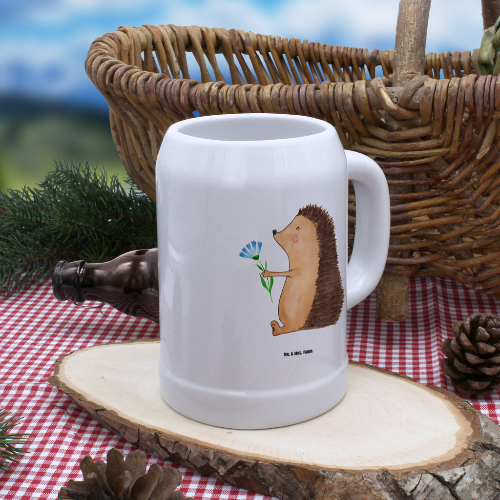Bierkrug Igel mit Blume Bierkrug, Bierkrüge, Bierkrug Steingut, Steinkrüge, 0, 5 l, 500ml, Krug, Tiermotive, Gute Laune, lustige Sprüche, Tiere, Igel, Gute Besserung, Genesungswünsche, Krankheit, Krankenhaus, krank, Besuch