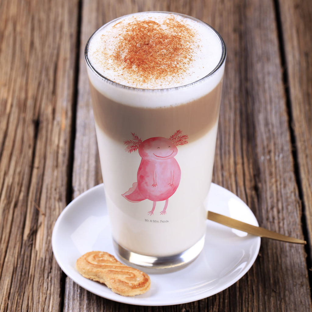 Glas Axolotl glücklich Cappuccino Glas, Glas, Cappuccino Tasse, Latte Macchiato, Axolotl, Molch, Axolot, Schwanzlurch, Lurch, Lurche, Motivation, gute Laune