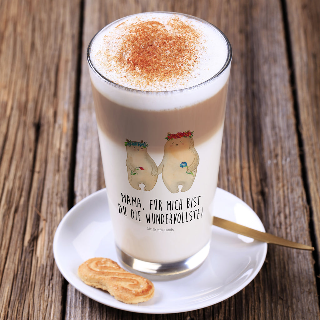 Glas Bären mit Blumenkranz Cappuccino Glas, Glas, Cappuccino Tasse, Latte Macchiato, Familie, Vatertag, Muttertag, Bruder, Schwester, Mama, Papa, Oma, Opa, Bär, Bären, Mutter, Mutti, Mami, Lieblingsmensch, Lieblingsmama, beste Mutter, weltbeste Mama, Geschenk Mama. Muttertag, Tochter, Kind, Kinder, Töchter, Family, Vorbild