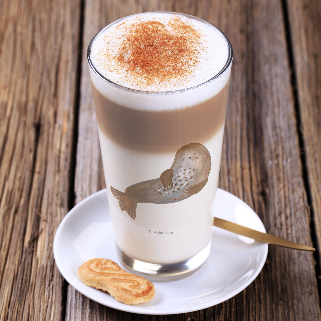 Glas Robbe lachend Cappuccino Glas, Glas, Cappuccino Tasse, Latte Macchiato, Tiermotive, Gute Laune, lustige Sprüche, Tiere, Robbe, Robben, Seehund, Strand, Meerestier, Ostsee, Nordsee