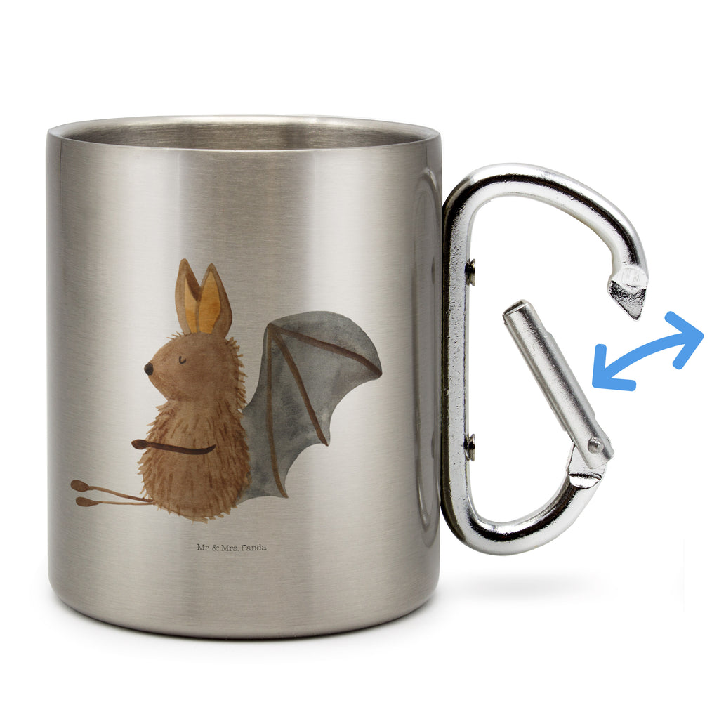 Edelstahlbecher Fledermaus sitzend Edelstahltasse, Karabiner, Edelstahlbecher, Outdoor, Camping, Tasse, Becher, Tiermotive, Gute Laune, lustige Sprüche, Tiere, Fledermaus, Fledermäuse, Motivation, entspannen