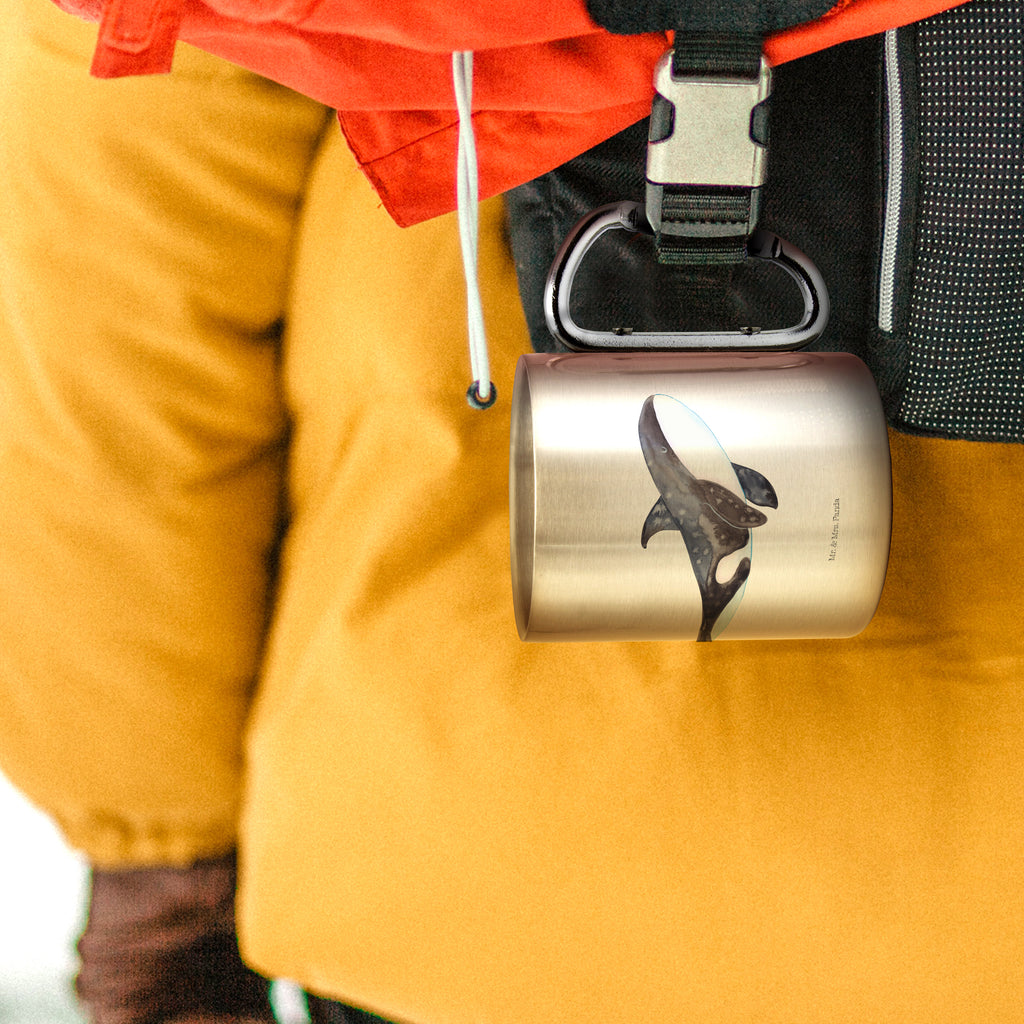 Edelstahlbecher Orca Edelstahltasse, Karabiner, Edelstahlbecher, Outdoor, Camping, Tasse, Becher, Meerestiere, Meer, Urlaub, Orca, Orcas, Killerwal, Wal, Möglichkeiten, Büro, Arbeit, Motivation, Selbstliebe, Neustart, Startup